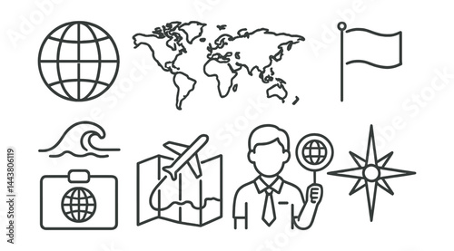 Line vector icons of world travel: globe icon, continents, ocean wave, international flag, global pass, airplane across map, world tour guide, compass rose.