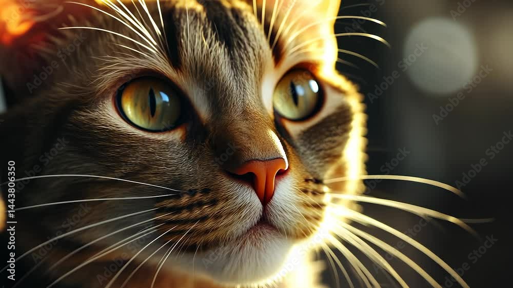 A close-up of a cat's face in warm light highlights the cat's green eyes, detailed whiskers, and fur texture. The background is softly blurred, giving a gentle focus on the cat.