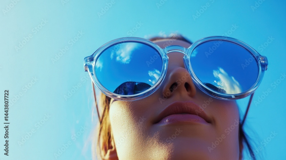 Close-up of a person wearing sunglasses, reflecting the sky Close-up of a person wearing sunglasses, reflecting the sky