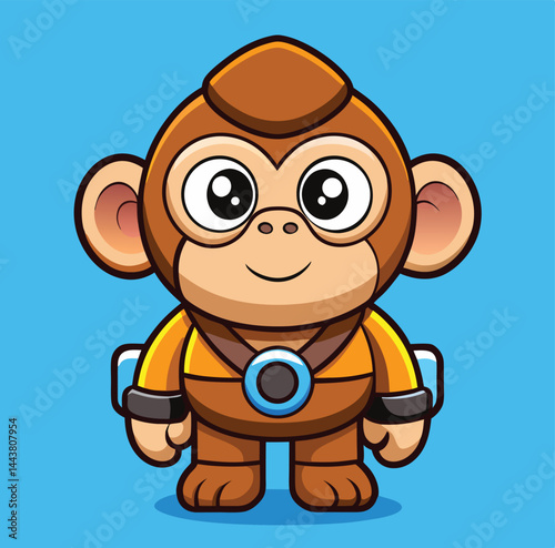 Cartoon monkey character with bright eyes and space suit stands against a blue backdrop
