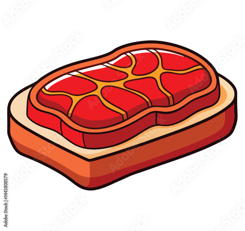Cartoon rectangle bread with red meat on top creates a playful food visual