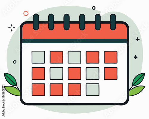 Simple red calendar icon displays alternating colored squares with leaves and decorative elements on a white background