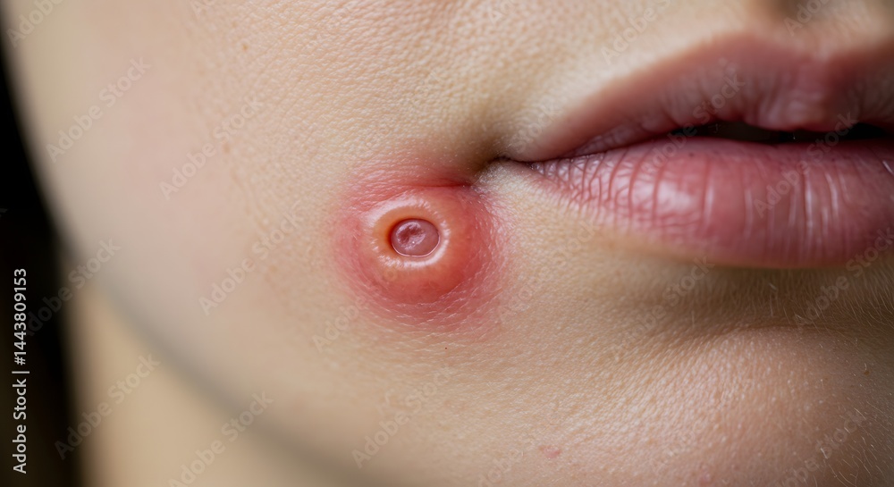 Obraz premium Close-up of a skin lesion near the mouth, showing the inflammation and redness associated with it.