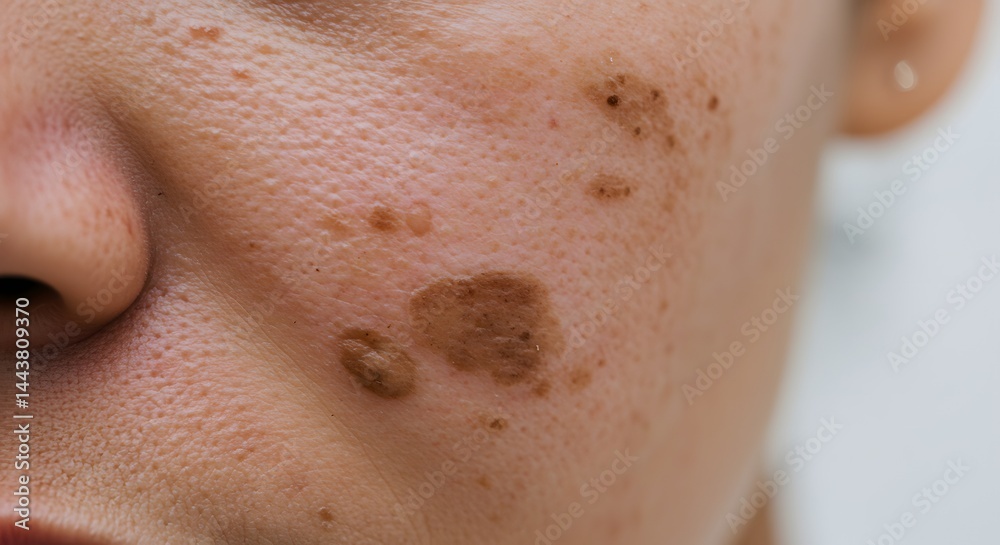 Fototapeta premium Detailed close-up of a person's skin showing sunspots and various pigmentation marks on the face.