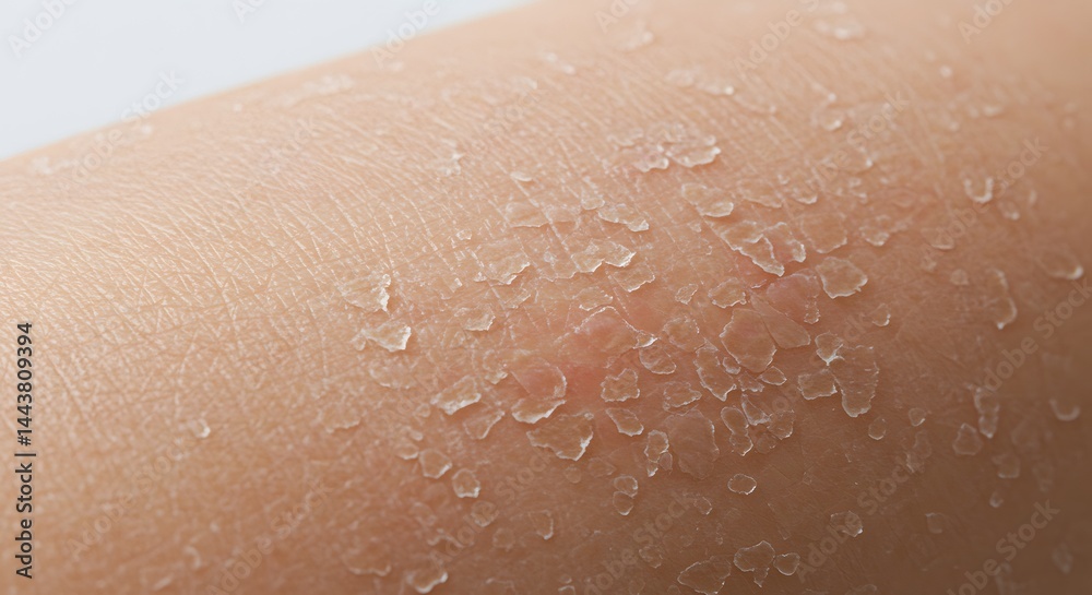Fototapeta premium Macro image of human skin with evident peeling, indicating sun damage or dryness of the skin.