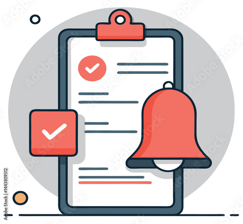 Red bell and checkmark symbols decorate the gray clipboard in illustration