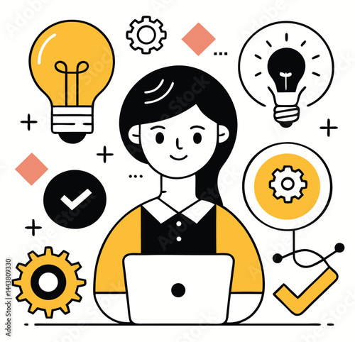 Animated professional appears before a laptop surrounded by signs of success and business concepts in transparent background