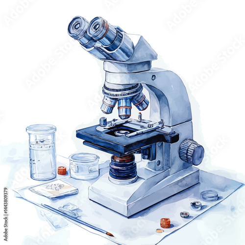 Microscope For Biology Class, vector watercolor illustration, isolated on a white background.