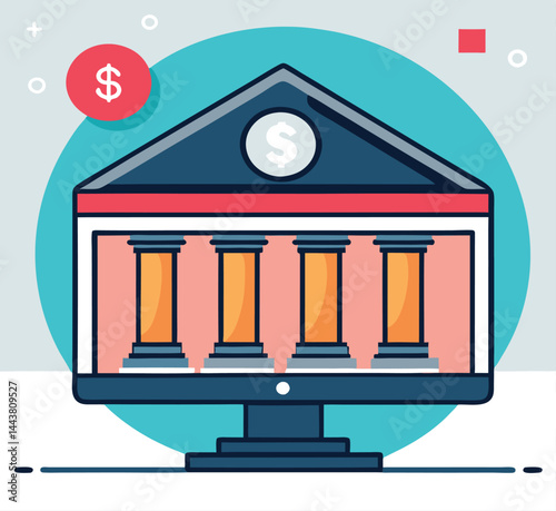 A stylized computer monitor displays an animated classical building with dollar signs elegantly placed near it