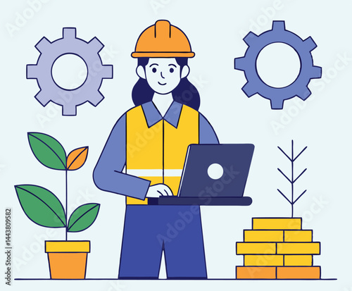 Woman engineer with safety helmet holds laptop amidst gears and plant vectors