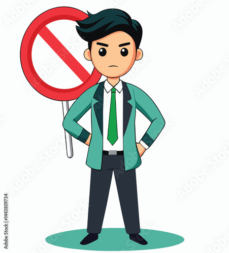 Cartoon man stands firm beside a no symbol sign with an angry facial expression