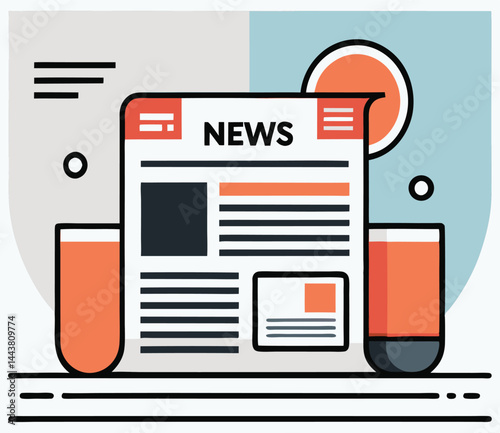 Newspaper displays the word news with orange accents surrounded by geometric shapes and lines