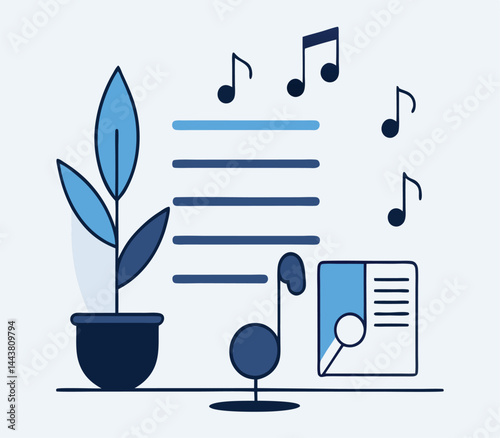 Potted plant stands near blue musical notes and document icon on white background