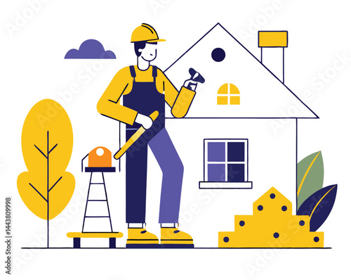 Young construction worker holds a hammer near house construction outline on a transparent background