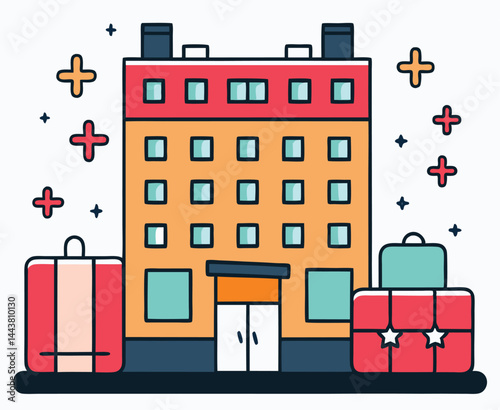 Colorful apartment building stands near luggage piles adorned with star and plus sign decorations