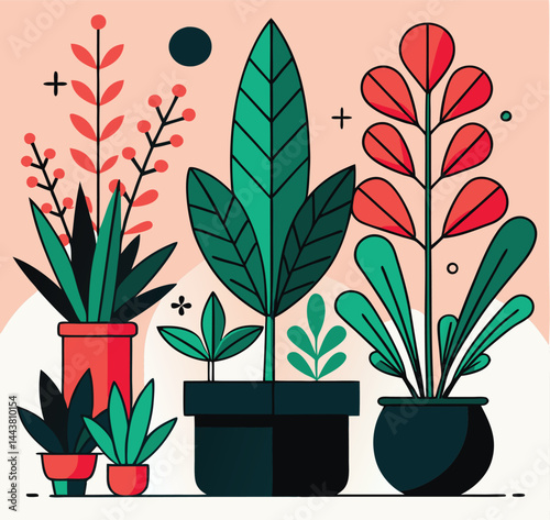 Several potted plants display stylized leaves and vibrant colors against a light background