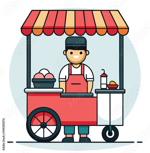 Cartoon Asian vendor smiles behind his red cart under a colorful striped awning, transparent