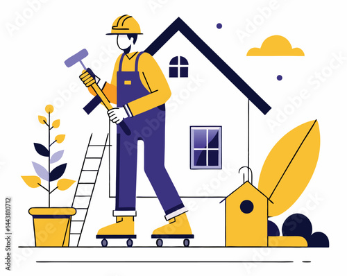Faceless builder in overalls holds hammer near home with transparent background is seen