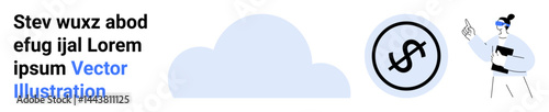 Cloud shape, dollar sign in a circle, person pointing while holding a file. Ideal for finance, cloud computing, business strategy, data presentation, investment, analytics simple landing page