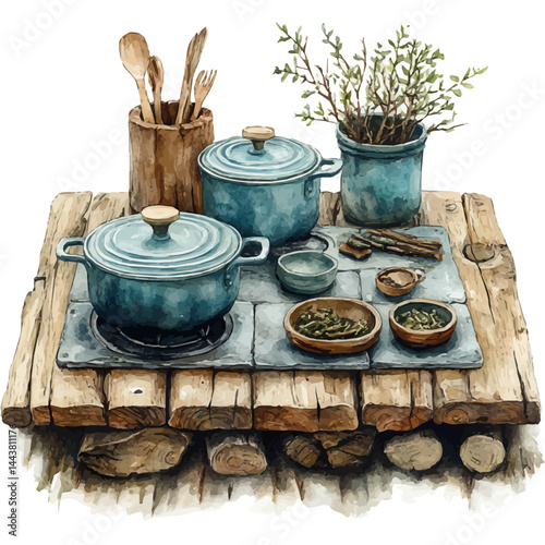 Metal Mess Kit For Bushcraft Cooking, vector watercolor illustration, isolated on a white background.