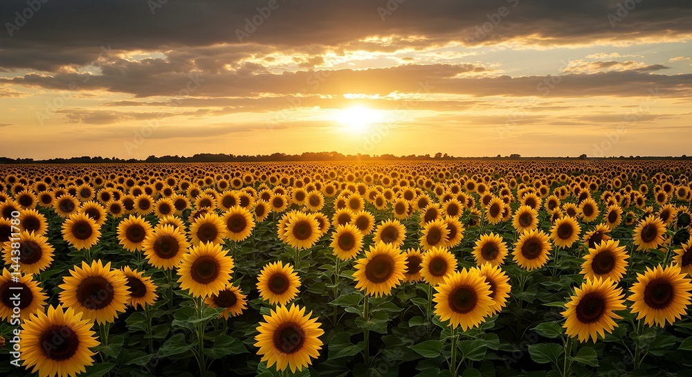Obraz premium Sunflower Field at Sunset with Dramatic Sky Landscape