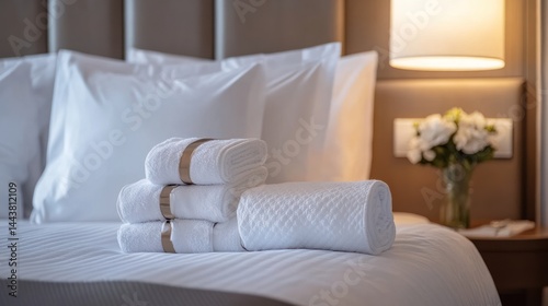 Pristine white towels on a hotel bed