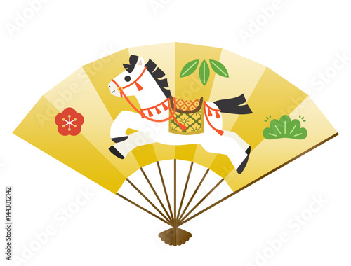 金色の扇に描かれた走る馬のイラスト