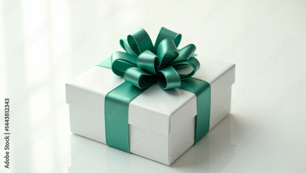 Fototapeta premium Elegant white gift box with emerald green bow