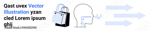 Shopping bags, right arrows, and airflow illustration near a speaking human outline. Ideal for e-commerce, delivery, communication, marketing, customer interaction, shopping experience flat