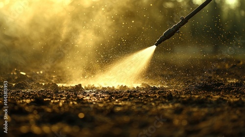 Power washer sprays down mud, creating golden sunlight haze