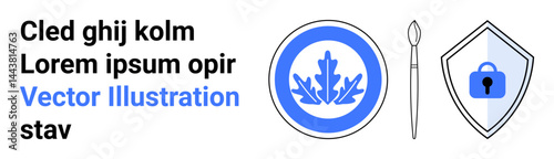 Oak leaf emblem in blue ring, paintbrush representing creativity, and security shield with lock icon. Ideal for creativity, design, security, technology, identity, education art flat landing page
