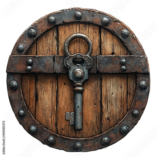 Medieval Lock And Key, vector watercolor illustration, isolated on a white background.