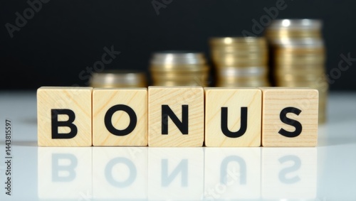 Conceptual closeup of wooden blocks spelling bonus with blurred coins background