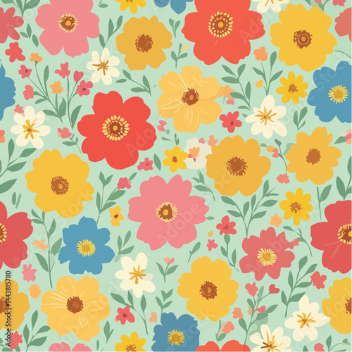 Colorful vintage flower art seamless pattern illustration. Retro nature floral background in hand drawn style. Spring season decoration texture, nature textile drawing print.