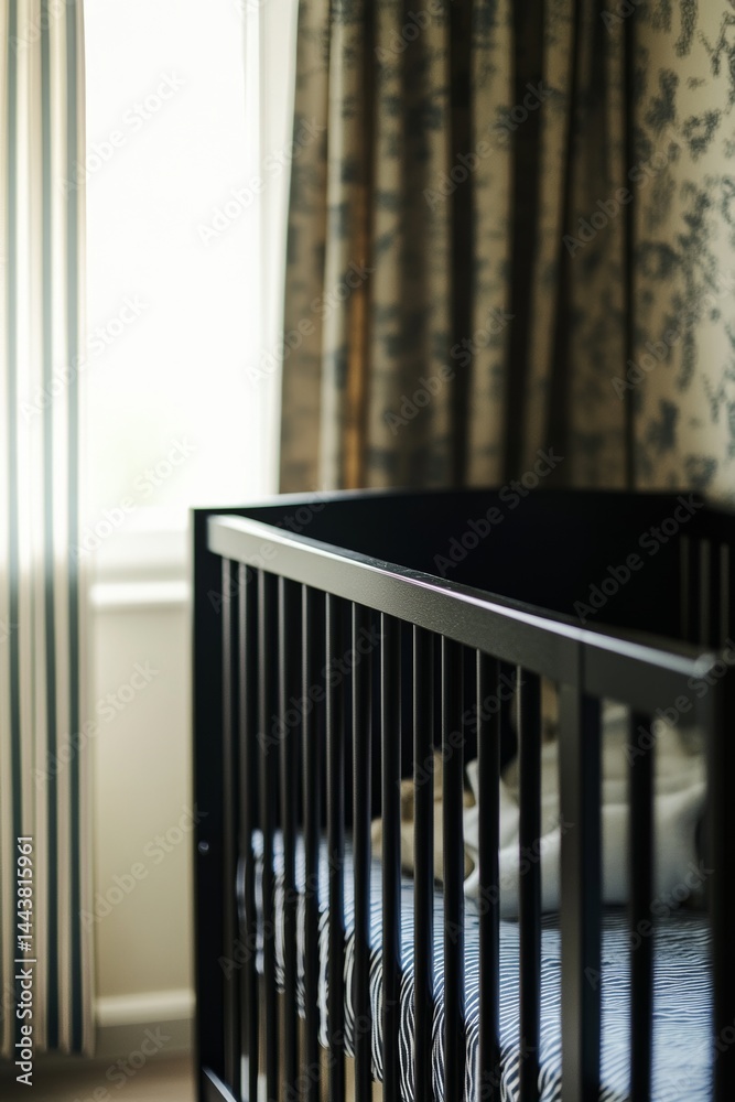 Close up of a black baby cot in a children's room Close up of a black baby cot in a children's room