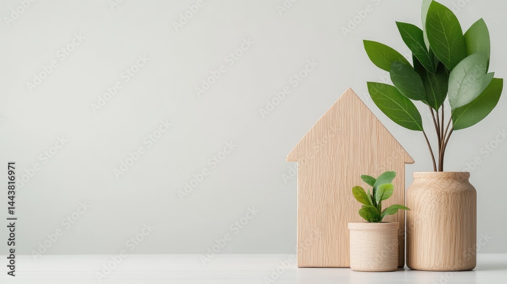 Wooden house and plants minimalist composition home concept still life