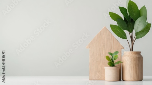 Obraz na płótnie Wooden house and plants minimalist composition home concept still life w salonie