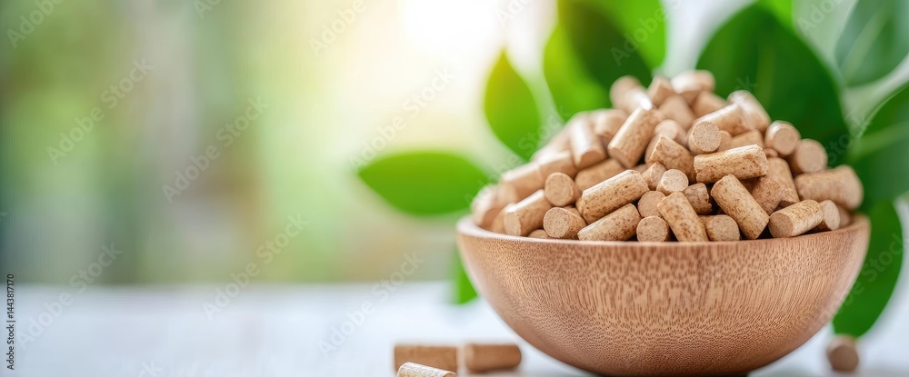 Wooden pellets overflowing from bowl with green leaves natural energy alternative heating