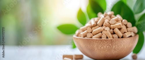 Obraz na płótnie Wooden pellets overflowing from bowl with green leaves natural energy alternative heating w salonie