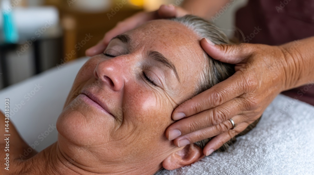 Obraz premium A woman enjoys a calming facial massage, highlighting relaxation and self-care in a serene spa environment, emphasizing the soothing touch of a skilled therapist.