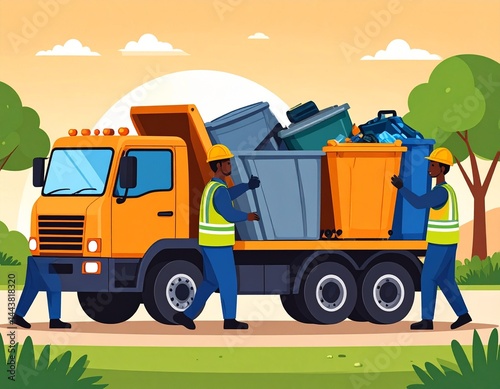Workers in uniforms loading large, cartoonish waste tanks onto a garbage truck under