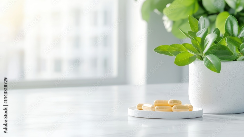 Yellow capsules with green plant medicine supplement healthy lifestyle