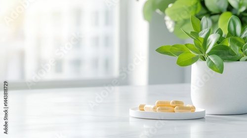 Obraz na płótnie Yellow capsules with green plant medicine supplement healthy lifestyle w salonie
