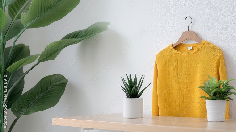 Yellow shirt on hanger with potted plants minimalist aesthetic