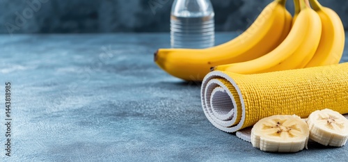 Obraz na płótnie Yoga mat with yellow bananas water bottle fitness and healthy lifestyle still life w salonie