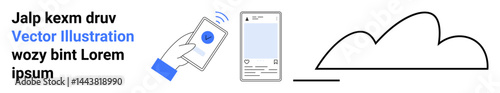 Hand using smartphone for app interaction, wireless connectivity with cloud, digital data. Ideal for technology, communication, app development, data storage, IoT, UX design simple landing page