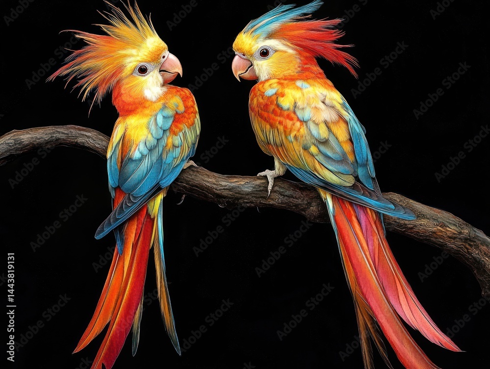 Obraz premium Two colorful parrots perched on branch, black background, wildlife, nature