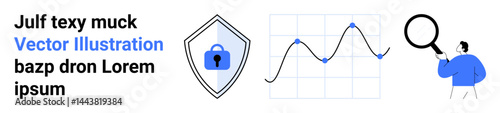 Shield with padlock, fluctuating line graph, person analyzing data with magnifying glass. Ideal for cybersecurity, data analytics, business insight, research, information security, risk management