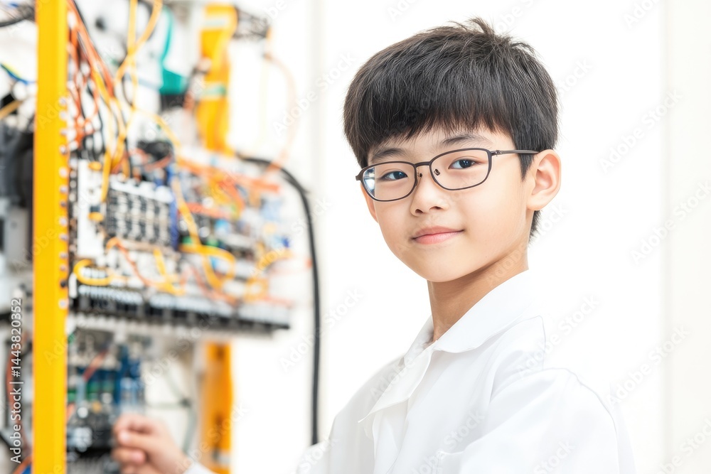 Young person interacting with electrical equipment science and technology hands on learning