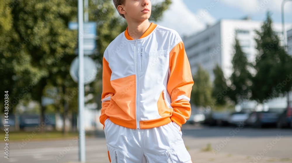 Young person wearing orange and white tracksuit outdoors